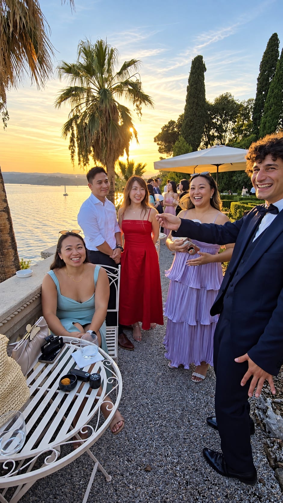 Un gruppo di invitati sorride accanto a Matteo Angrisano sulla terrazza di una villa sul lago, al tramonto